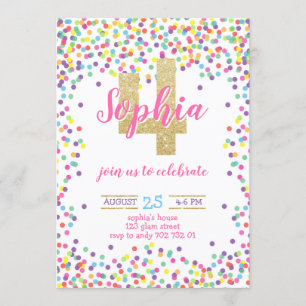 Convite Confetti Dourada Garota Brilhante Colorido 4º Ani
