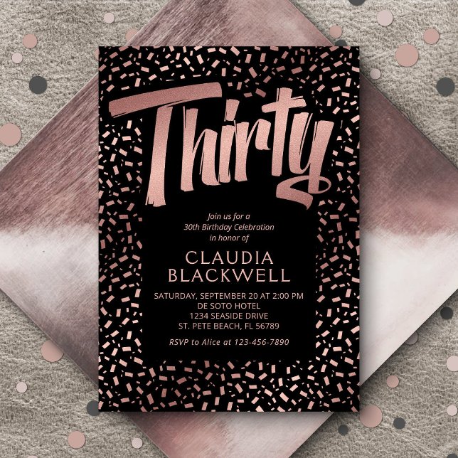 Convite Confetti Dourado aniversário de 30 anos Rosa (Criador carregado)