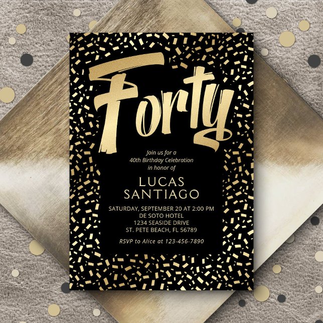 Convite Confetti Dourado aniversário de 40 anos preto (Criador carregado)