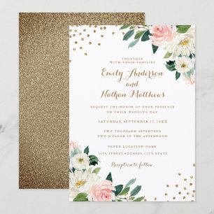 Convite Confetti Dourado Blush Floral Weditation