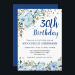 Convite Confetti Dourado com Aquarela Azul aniversário de<br><div class="desc">aniversário de 30 anos Blue Floral Watercolor Dourado Confetti Invitation O design apresenta belos azuis e florais verdes.</div>