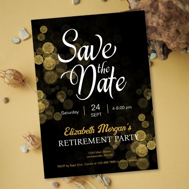 Convite Confetti Dourado da Parte de Aposentação Salvar Da (Retirement Party Gold Confetti Save the Date Invitation)