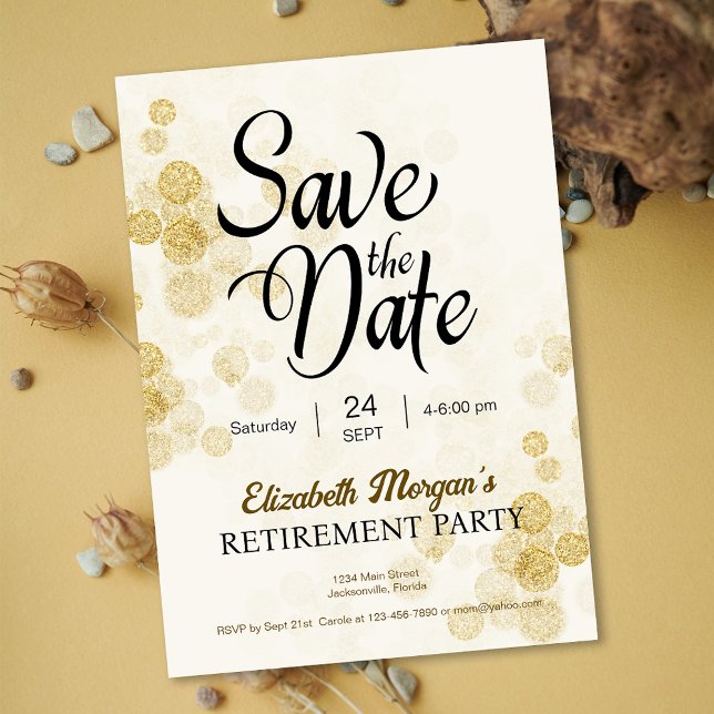 Convite Confetti Dourado da Parte de Aposentação Salvar Da (Retirement Party Gold Confetti Save the Date Invitation)