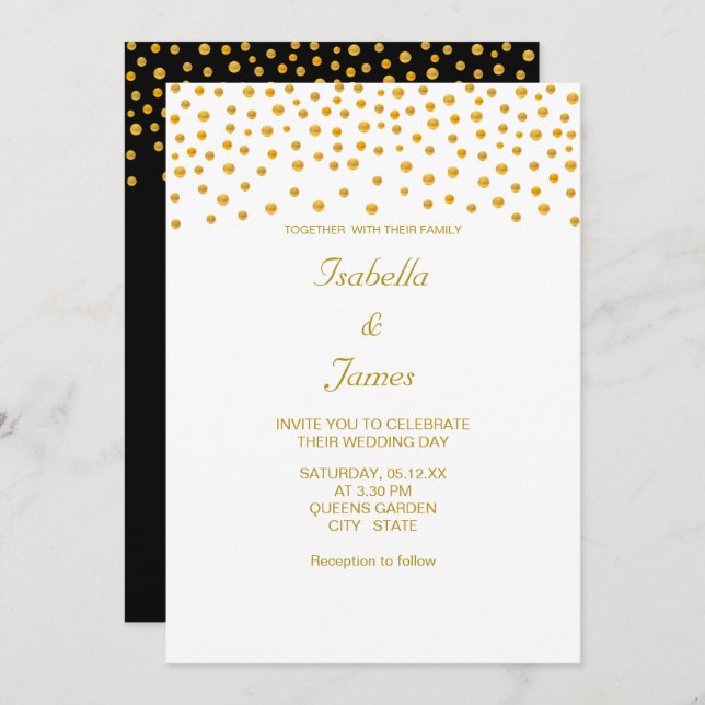 Convite Confetti Dourado Elegante em Preto e Branco (Frente/Verso)