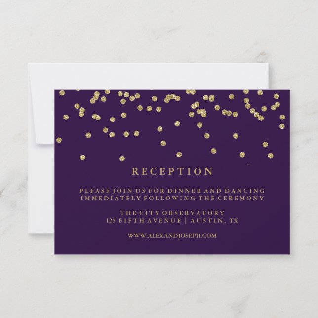 Convite Confetti Dourado Glam Faux e Recepção Roxo Profund (Frente)