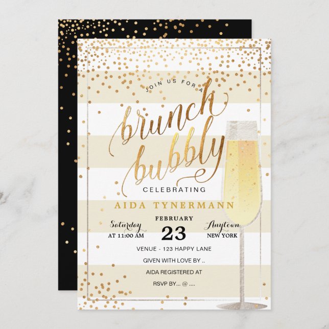 Convite Confetti Dourado PixDezines Bruch+Bubble Faux (Frente/Verso)