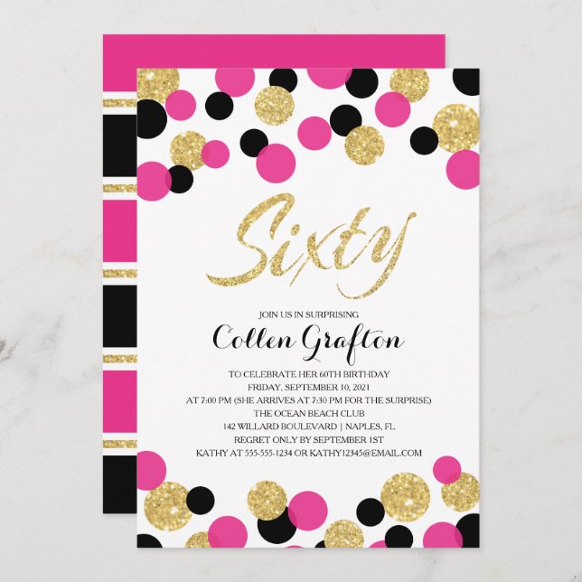 Convite Confetti Glitter Espumante | 60º aniversário (Frente/Verso)