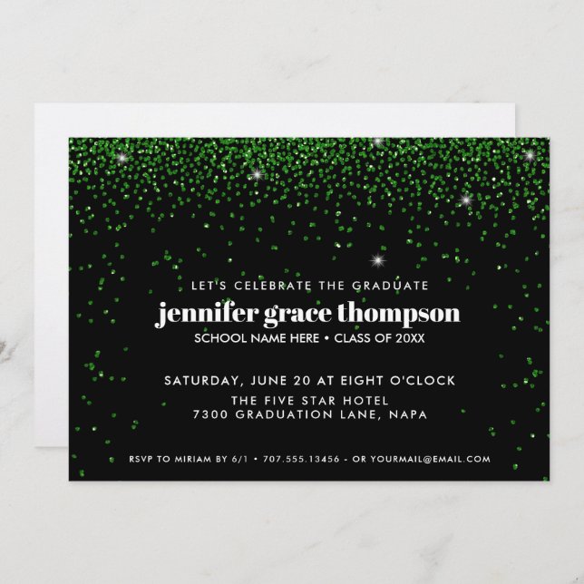 Convite Confetti Glitter Green Black Photo Formando Party (Frente/Verso)