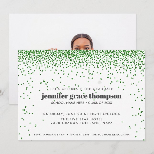 Convite Confetti Glitter Green White Photo Formando Party (Frente/Verso)