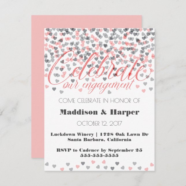 Convite Confetti Hearts Noivado Invitation (Frente/Verso)