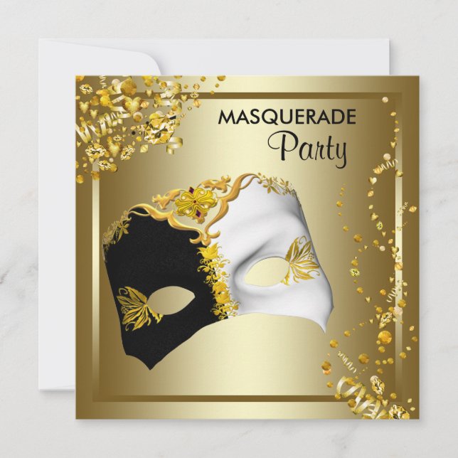 Convite Confetti Mask Black Dourado Mascarada Party (Frente)