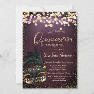 Convite Confetti Masque Burgundy Quinceañera Dourada