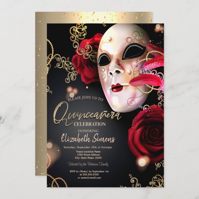 Convite Confetti Masque Rosas vermelhas Quinceañera Dourad (Frente/Verso)