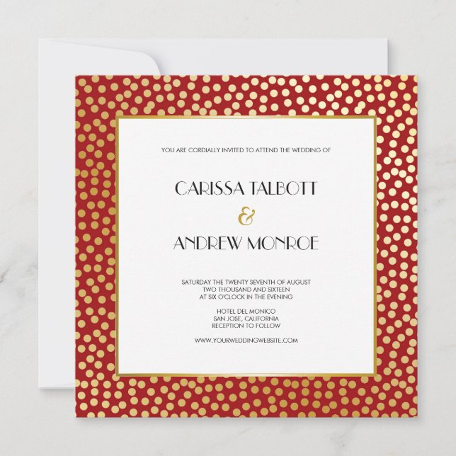 Convite Confetti Moderno Bolinhas Vermelho e Dourado (Frente)