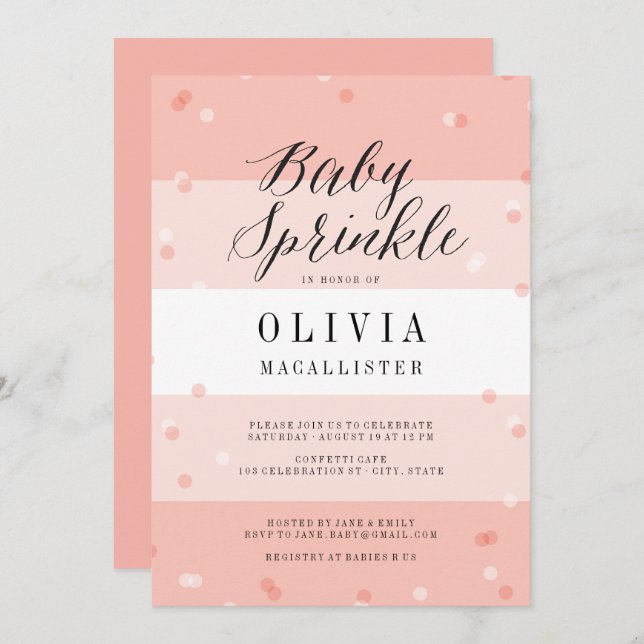 Convite Confetti Pink Strips Rapariga Bebê Sprinkle Convit (Frente/Verso)