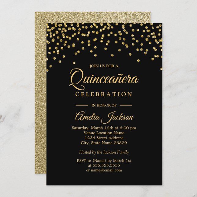 Convite Confetti Quinceanera Confetti Dourado Black Sparkl (Frente/Verso)