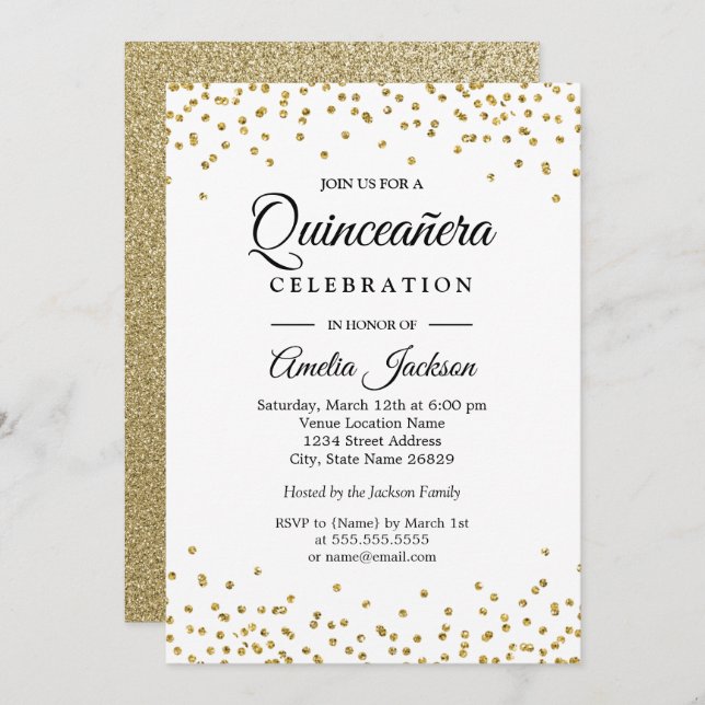 Convite Confetti Quinceanera, Confetti Dourado Sparkle (Frente/Verso)