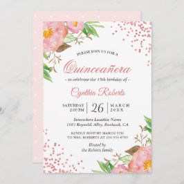 Convite Confetti Quinceañera, Confetti Floral Cor-de-Rosa