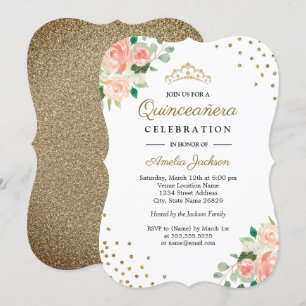 Convite Confetti Quinceanera Dourado Peach