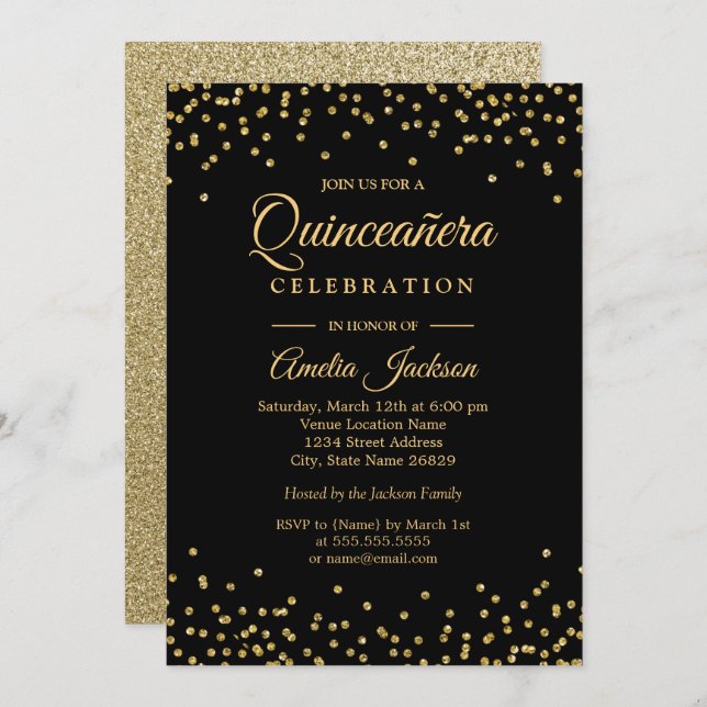Convite Confetti Quinceanera, Dourado, Sparkle (Frente/Verso)