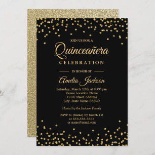 Convite Confetti Quinceanera, Dourado, Sparkle