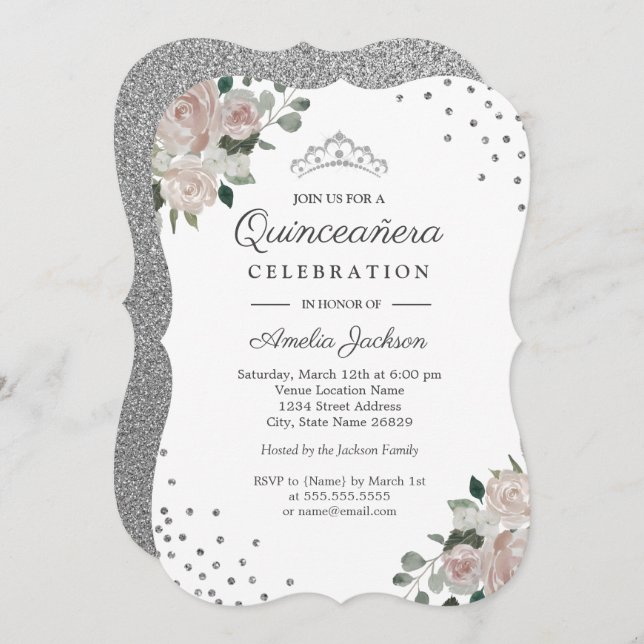 Convite Confetti Quinceanera Floral Blush Silver Confetti (Frente/Verso)