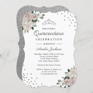 Convite Confetti Quinceanera Floral Blush Silver Confetti