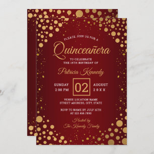 Convite Confetti Quinceanera Vermelho E Dourado