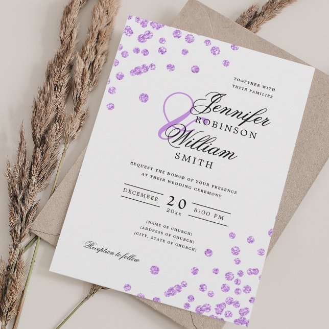 Convite Confetti Roxo Roxo De Casamento Elegante (Elegant Script Wedding Purple Glitter Confetti Invitation)