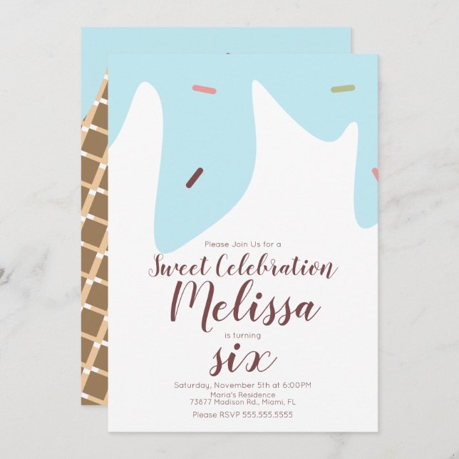 Convite Confetti Sprinkles Drivers Sorvete Cone Blue (Frente/Verso)