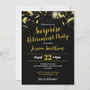 Convite Confetti Surprise Retirement Party Black Dourado