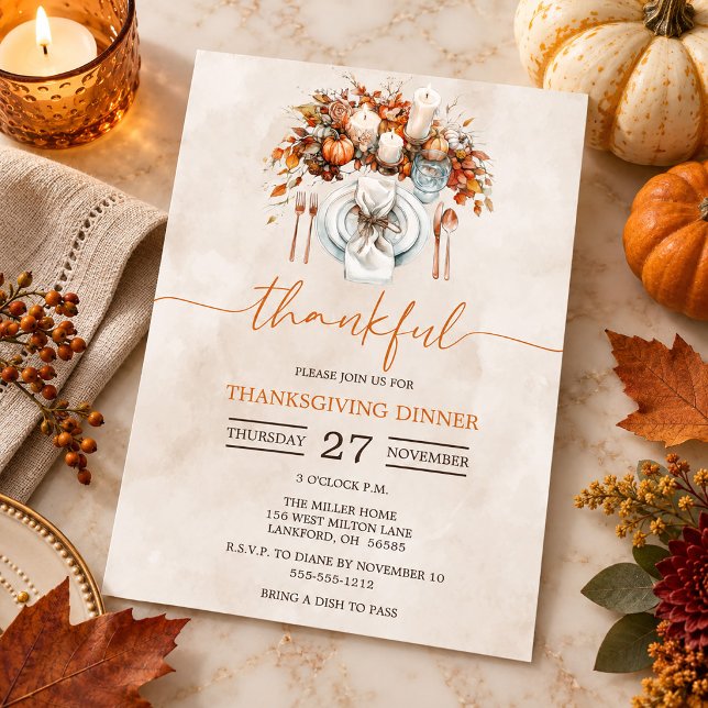 Convite Configuração de Mesa Ação de Graças Jantar de Agra (Place Setting Thankful Thanksgiving Dinner Invitation)