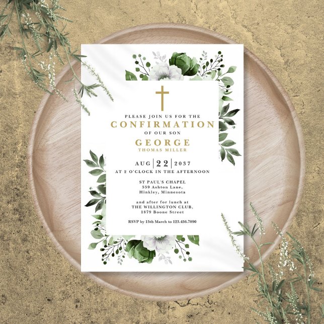 Convite Confirmação Botânica Floral Verde Oleícola Moderna (Olive Green Floral Botanical Modern Confirmation Invitation)