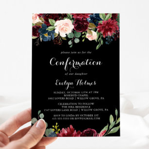 Convite Confirmação Botânica Rústica Preta