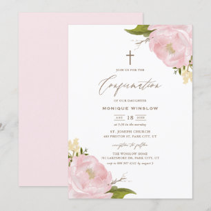 Convite Confirmação cor-de-rosa das peônias da aguarela