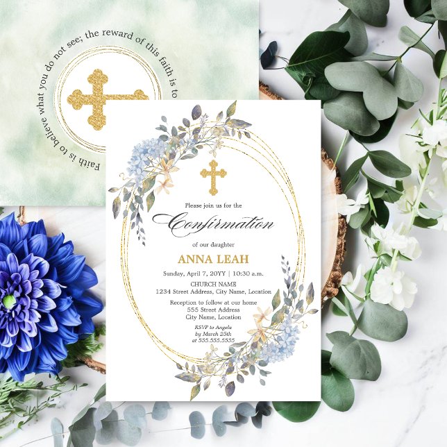 Convite Confirmação Cruz Dourada Floral Elegante (Beautiful watercolor floral and gold frame religious event invitation front and back view.)