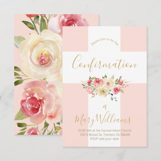 Convite Confirmação da cruz branca e flores católicas (Frente/Verso)