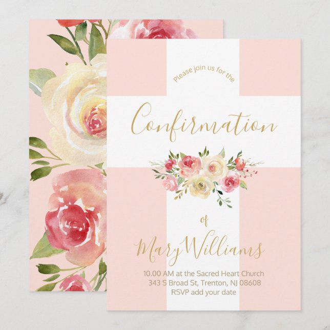 Convite Confirmação da cruz branca e flores católicas (Frente/Verso)