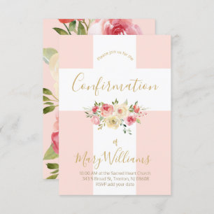 Convite Confirmação da cruz branca e flores católicas