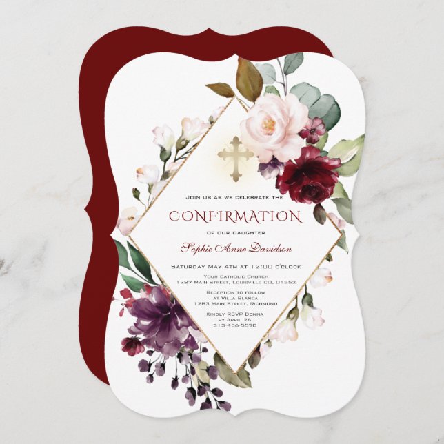 Convite Confirmação da Cruz Floral de Blush Burgundy Elega (Frente/Verso)