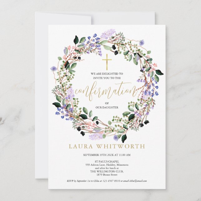 Convite Confirmação da Lavanda Floral Elegante Garland (Frente)