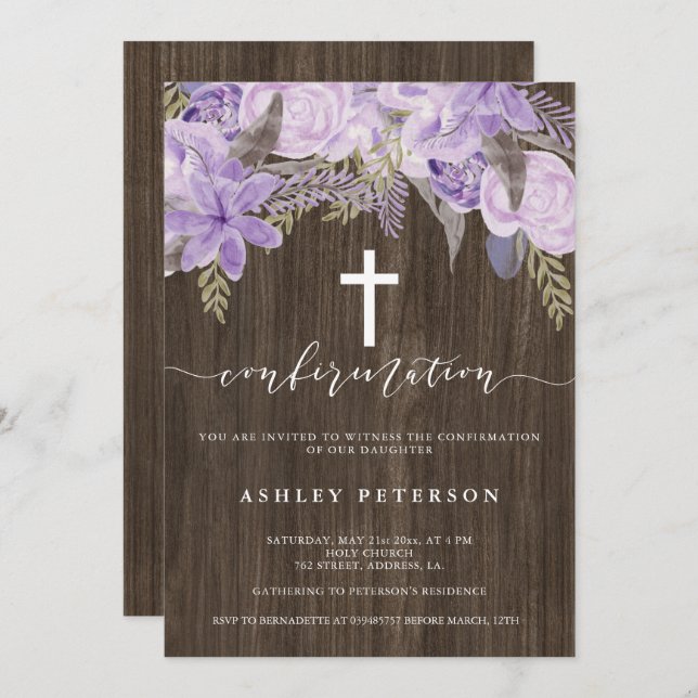 Convite Confirmação da madeira de lavanda rosa-palha (Frente/Verso)