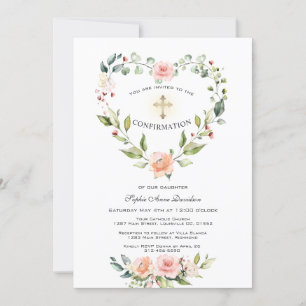 Convite Confirmação de Blush Floral Heart Frame Cross Gi