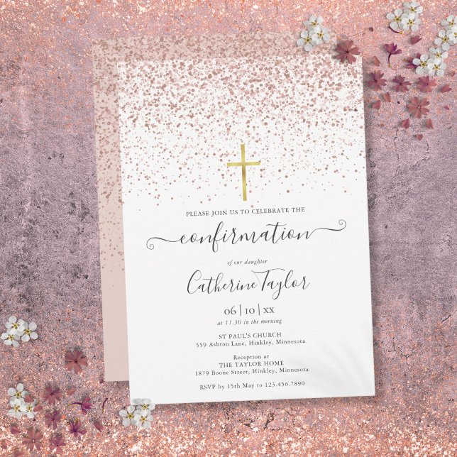 Convite Confirmação de Brilho de Ouro Rosado Moderno (Modern Rose Gold Glitter Confirmation Invitation)