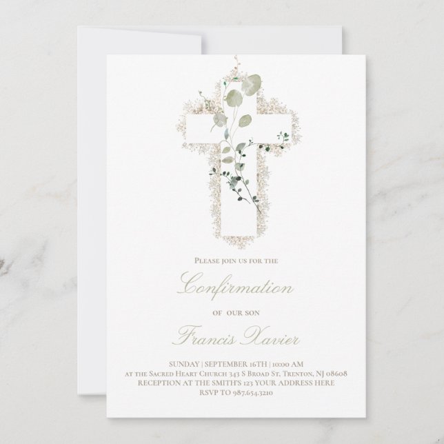 Convite confirmação de cruz branca das folhas verdes (Frente)