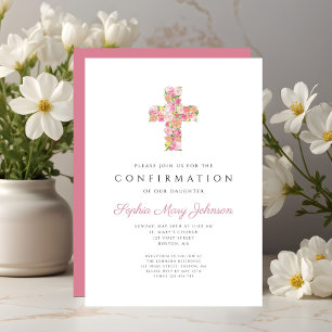 Convite Confirmação de Cruz Floral Rosa Elegante para Meni