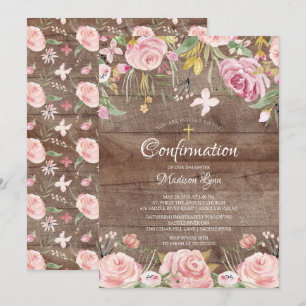 Convite Confirmação de Dourada e Floral Rosa Esmagada Ru