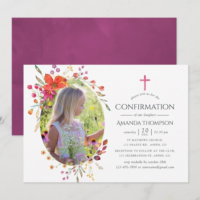 Convite Confirmação de Flor Silvestre Aquarela (Frente/Verso)