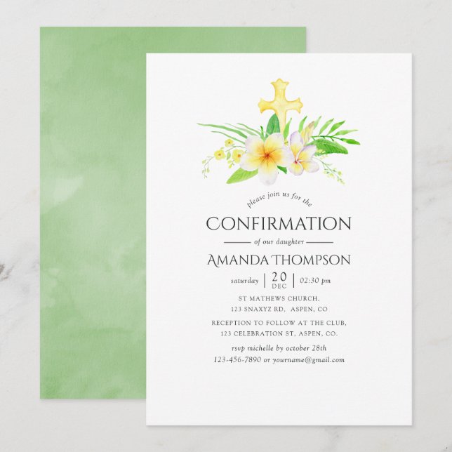 Convite Confirmação de Frangipani em Aquarela (Frente/Verso)