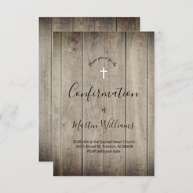 Convite Confirmação de fundo de madeira (Frente/Verso)